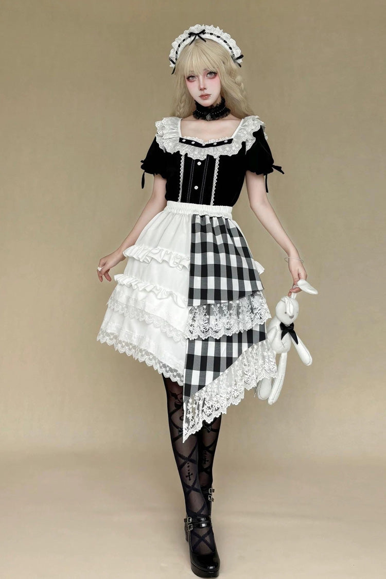 Black/White Short Sleeves Plaid Printed Lace Irregular Asymmetric Gothic Lolita Skirt Set - Product - 6