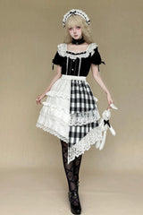 Black/White Short Sleeves Plaid Printed Lace Irregular Asymmetric Gothic Lolita Skirt Set - Product - 6