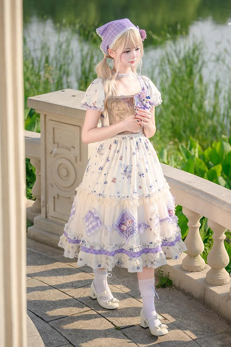 Purple/Ivory Blueberry Pie Print Short Sleeves Ruffle Bowknot Sweet Lolita Dress - Product - 2