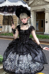 Black [Sacred Thorn Feather Relic] Square Collar Short Sleeves Printed Ruffled Open-Front Bow Lace Gothic Lolita Dress - Black - 1