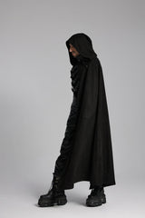 Black Hooded Buckle-up Rivets Men's Punk Cloak - Product - 4