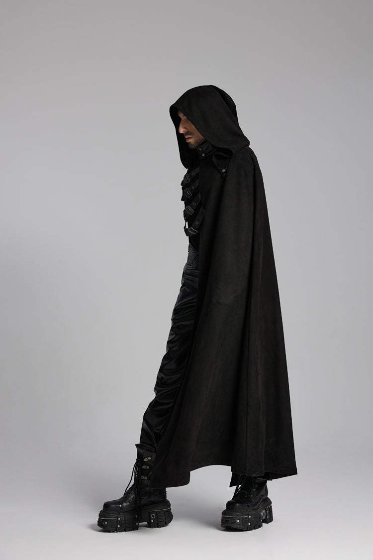 Black Hooded Buckle-up Rivets Men's Punk Cloak - Product - 4