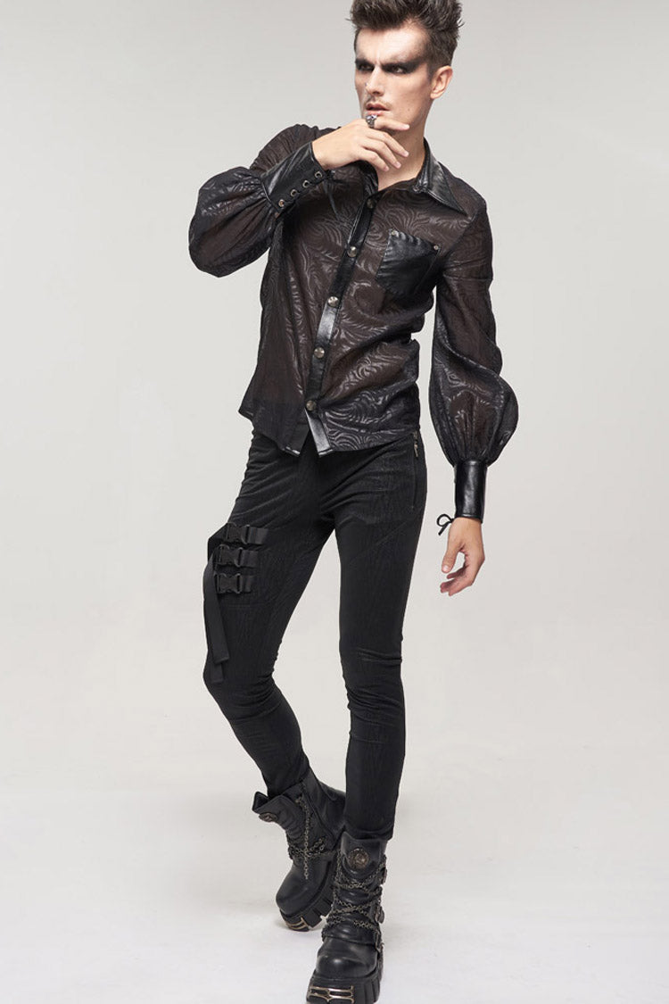Black Punk Vertical Pattern Printing Cuff Drawstring Decoration See-Through Men's Shirt - Product - 7