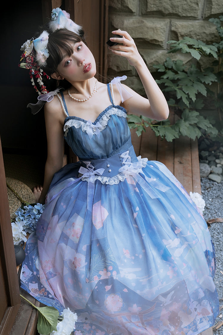 Blue/Pink Mount Fuji Cherry Blossom Season Print Bowknot Sweet Lolita Skirt - Product - 4