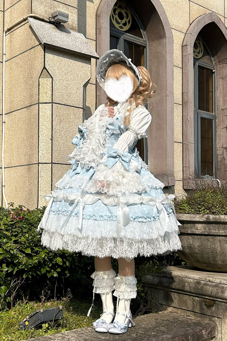 Blue Sleeveless Multi-Layered Ruffle Bowknot Lace Sweet Plus Size Lolita Jsk Dress - Product - 7