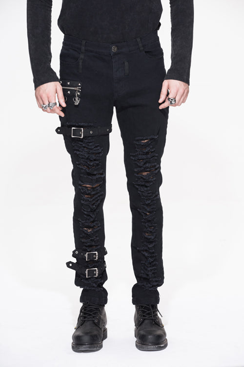 Black Metallic Punk Broken Holes With Loops Mens Pants - Black - 1