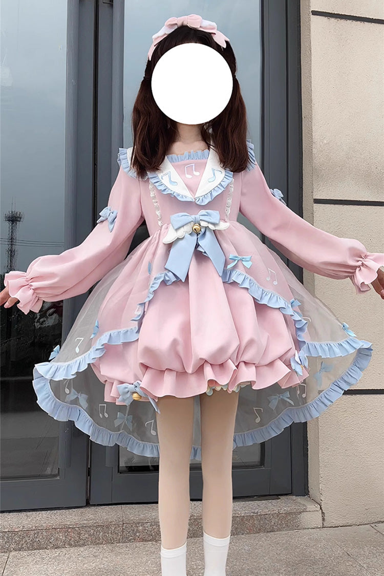 Pink Long Sleeves Music Notes Print Ruffle Bowknot Lace Sweet Lolita Dress - Product - 3