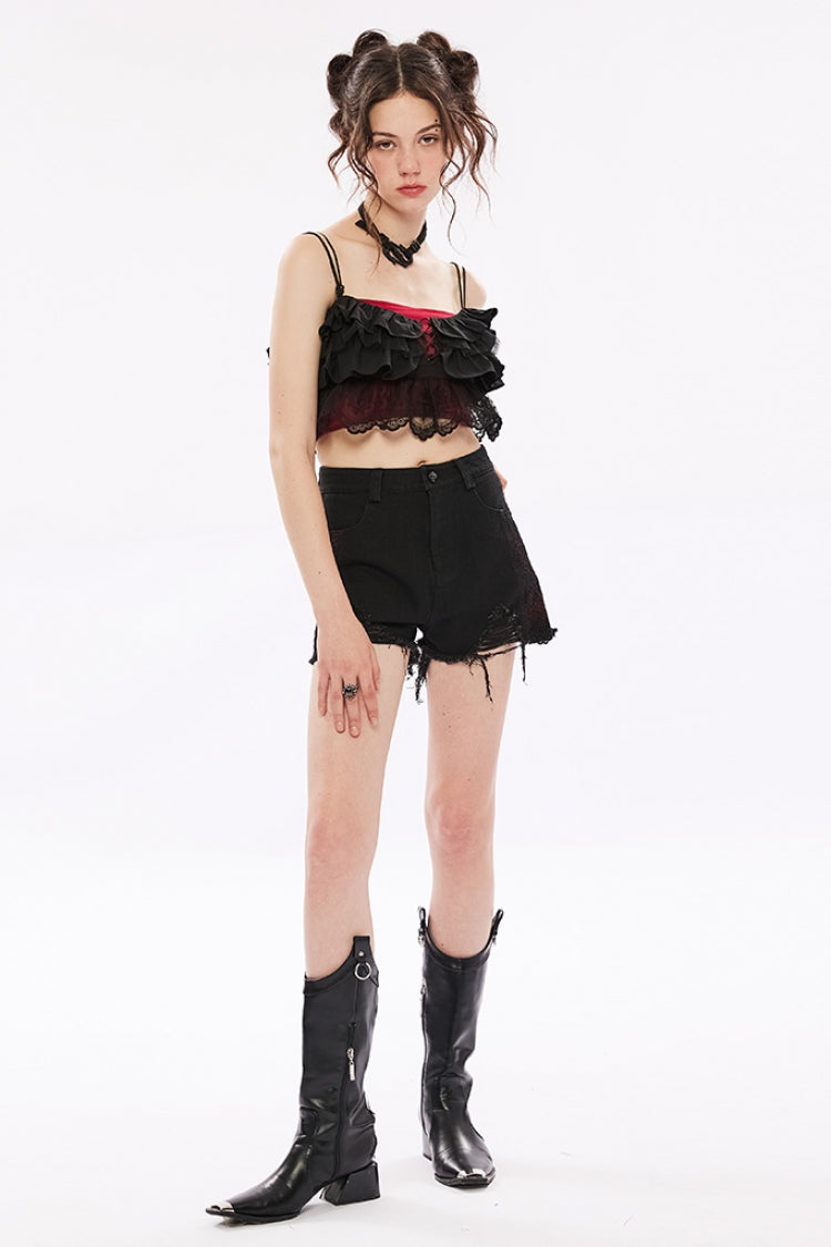 Black Multi-layer Hollow Stitching Lace Women's Gothic T-Shirt - Product - 4