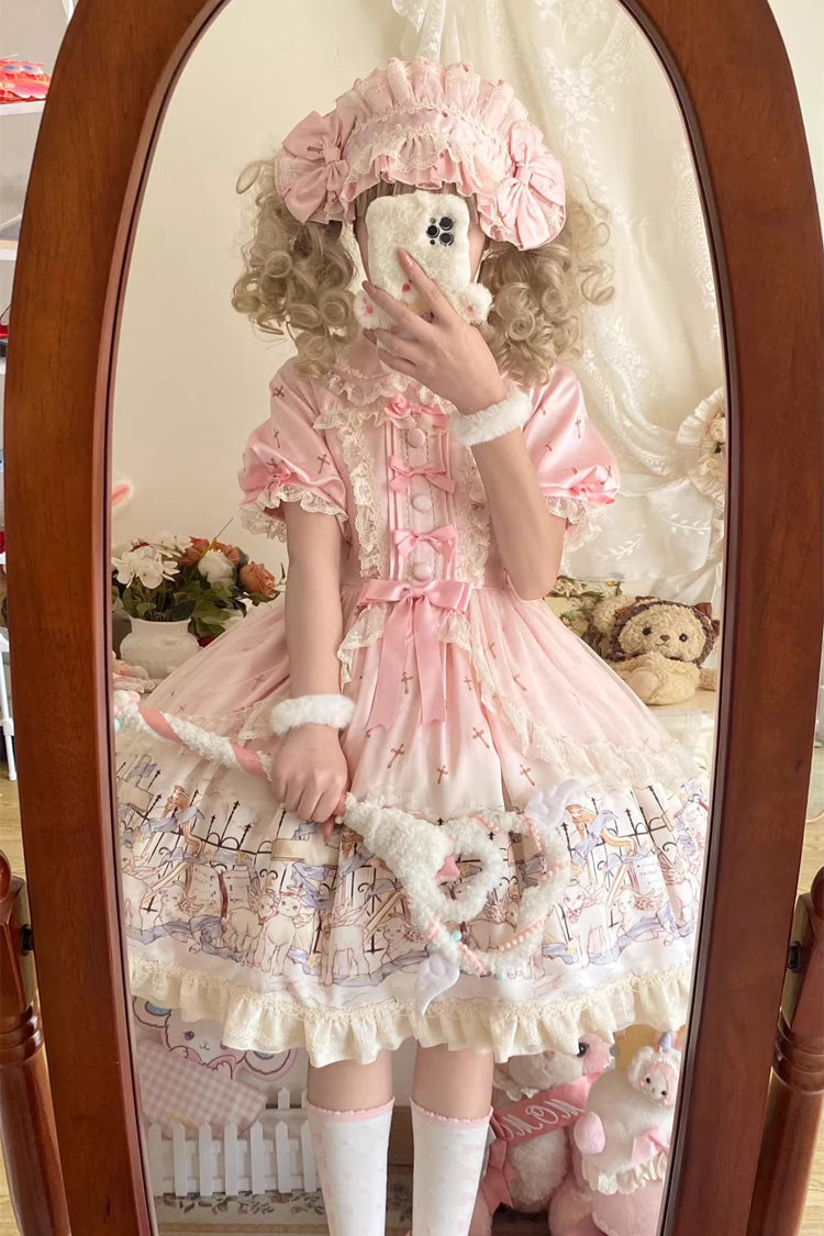 Pink [Angel Lamb] Lapel Collar Short Sleeves Printed Ruffled Bow Sweet Lolita Dress - Product - 2