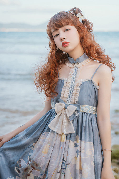 Blue Chinese Mythology Print High Waist Lace Trim Sweet Lolita JSK Dress - Product - 5