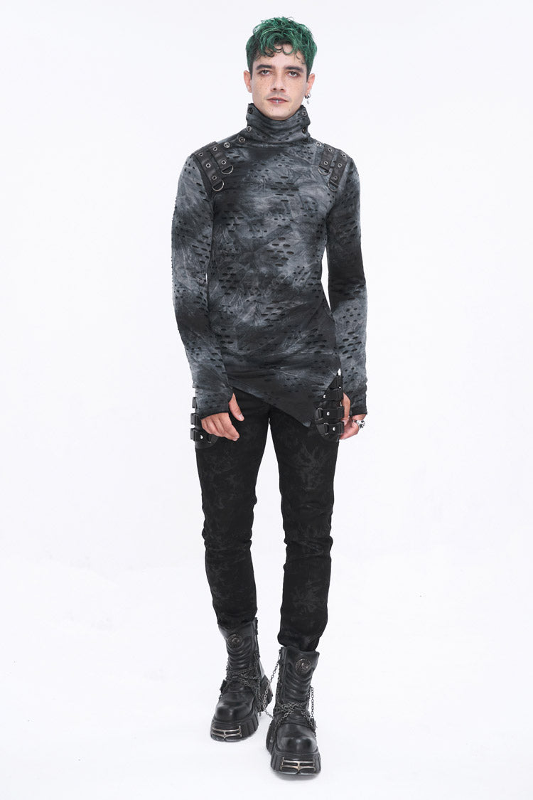 Grey/Black Lrregular Ripped Stand Collar Men's Punk Shirt - Product - 4
