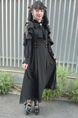 Black Stand Collar Off Shoulder Long Sleeves Hollow Bowknot Slim Jirai Kei Japanese Dress - Product - 8