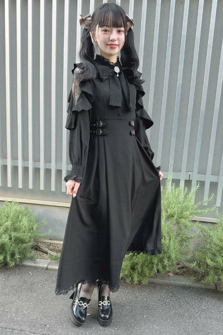 Black Stand Collar Off Shoulder Long Sleeves Hollow Bowknot Slim Jirai Kei Japanese Dress - Product - 8