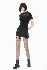 Black Short Sleeves Cut-Out Spider Cobweb Sheer Mesh Women's Gothic Top - Product - 9