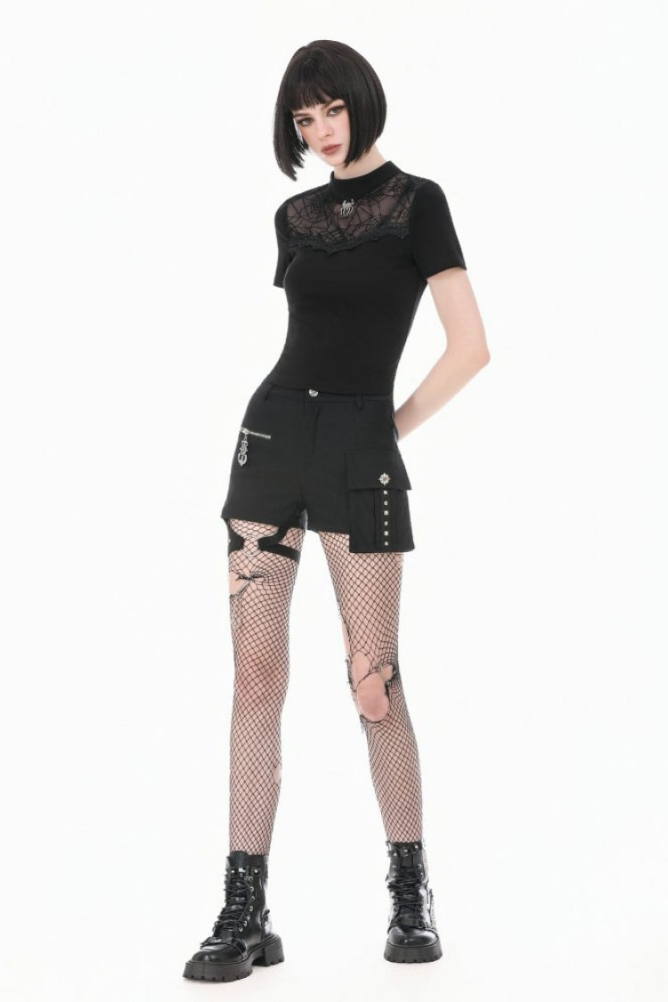 Black Short Sleeves Cut-Out Spider Cobweb Sheer Mesh Women's Gothic Top - Product - 9