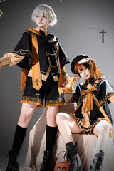 Black/Orange [The Choir Of The Church] Stand Collar Long Sleeves Bow Chain-Decorated Ouji Gothic Prince Lolita Pumpkin Shorts Set - Product - 9