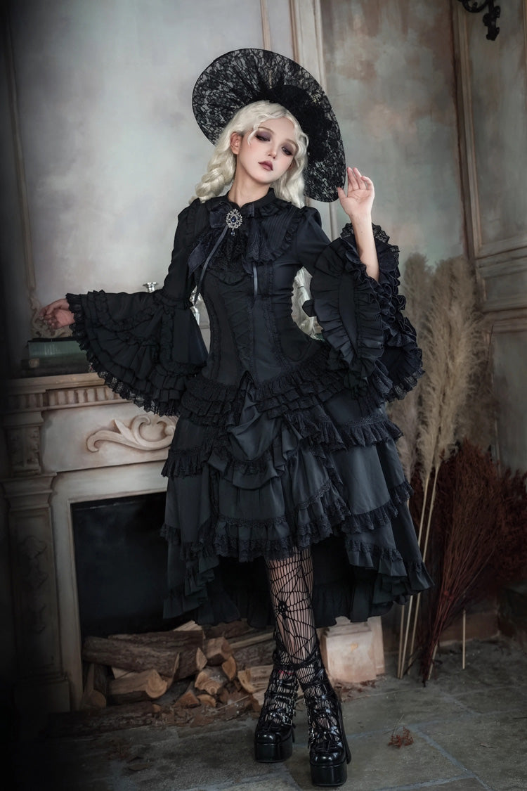 Black [Immortal Phoenix] Long Hime Sleeves Multi-Layered Ruffled Bow Lace-Up Gothic Lolita Skirt Dress Set - Product - 7