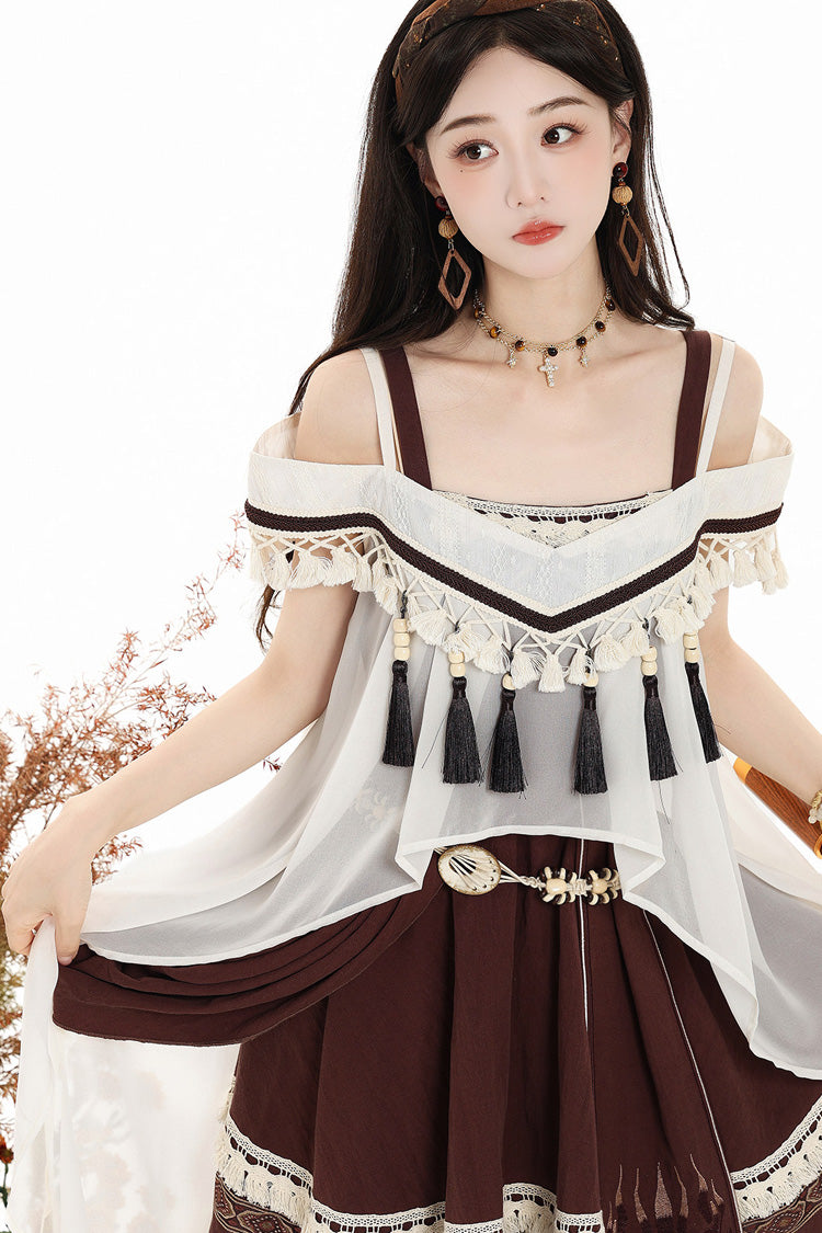 Brown [Dream of the Wilderness] Square Collar Sleeveless Embroidered Sweet Lolita Jsk Dress Set - Product - 13