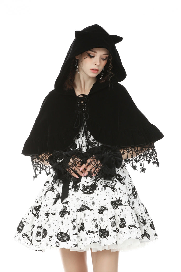 Black Lace-Up Women's Lolita Cat Ears Hooded Cape with Star Tassels - Product - 6