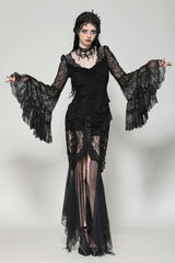 Black Women's Gothic V Collar Long Flared Sleeves Lace Patchwork Blouse - Black - 1