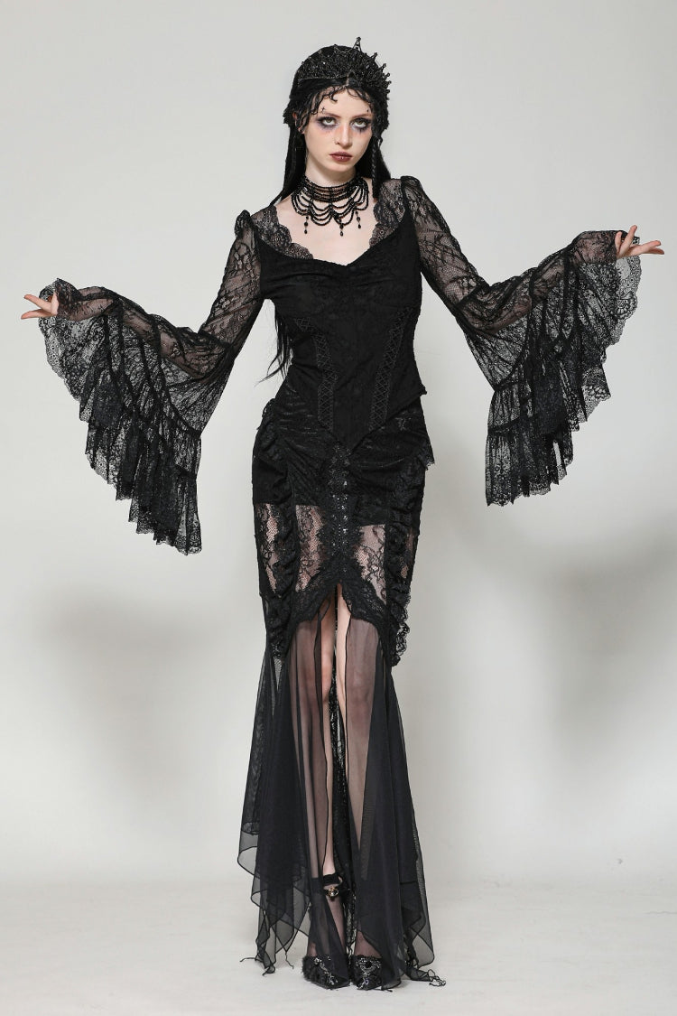 Black Women's Gothic V Collar Long Flared Sleeves Lace Patchwork Blouse - Black - 1