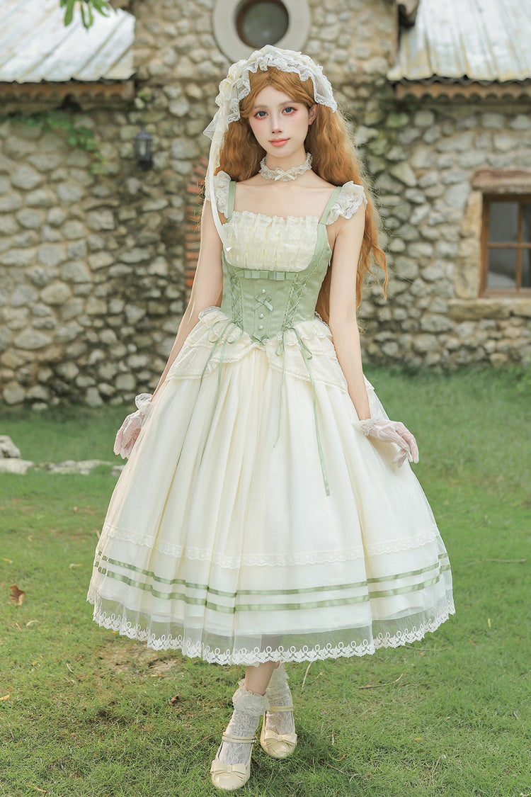 Green Square Collar Sleeveless Multi-Layered Ruffled Bow Lace Fishbone Sweet Lolita Jsk Dress 2 Versions - Green(Long-Version) - 15