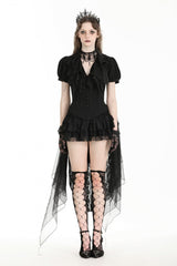 Black Multi-Layered Deep V Collar Pleated Short Puff Sleeves Lace-Up Gothic Blouse - Product - 5
