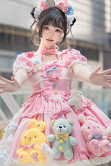 Pink Square Collar Print Doll Party Detachable Sleeves Ruffle Bowknot Sweet Princess Lolita Dress - Product - 3