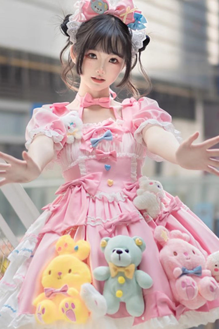 Pink Square Collar Print Doll Party Detachable Sleeves Ruffle Bowknot Sweet Princess Lolita Dress - Product - 3