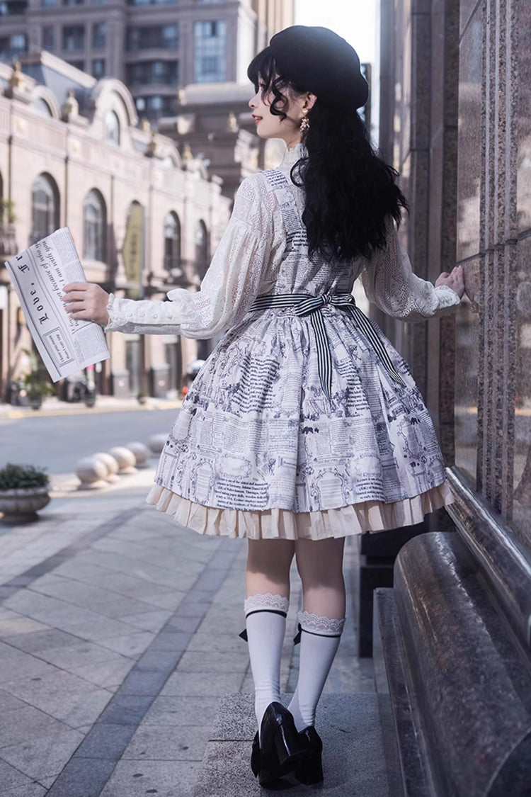 White Vintage Berlin Daily Print Removable Apron Classic Lolita Strap Dress - Product - 9