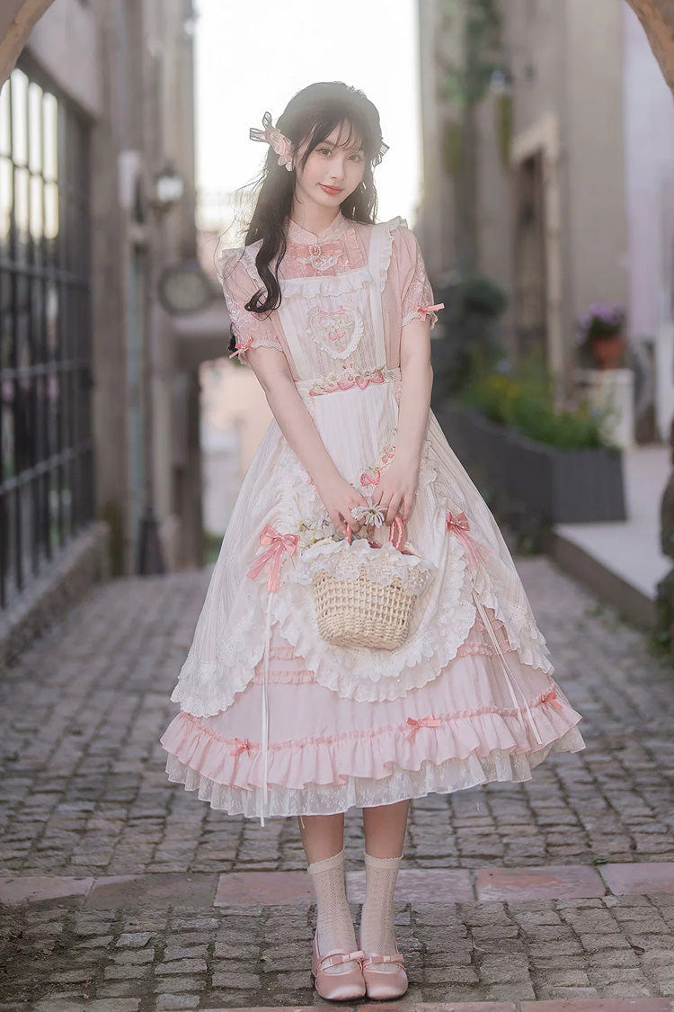 Pink Stand Collar Short Sleeves Ruffled Embroidered Lace Sweet Chinese Inspired Lolita Dress - Pink - 1
