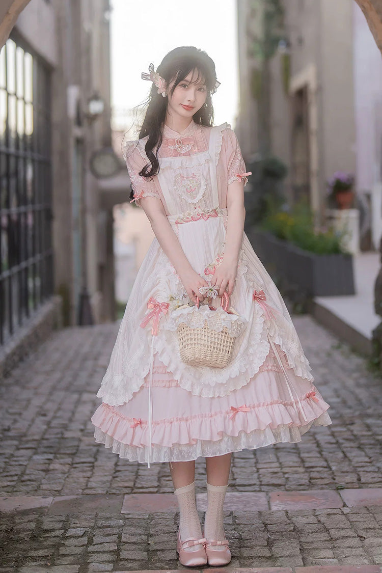Pink Stand Collar Short Sleeves Ruffled Embroidered Lace Sweet Chinese Inspired Lolita Dress - Pink - 1
