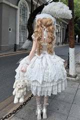 White [Eternal Floral Message] Square Collar Sleeveless Multi-Layered Hanayome Embroidered Bow Lace Sweet Lolita Jsk Dress - Product - 2