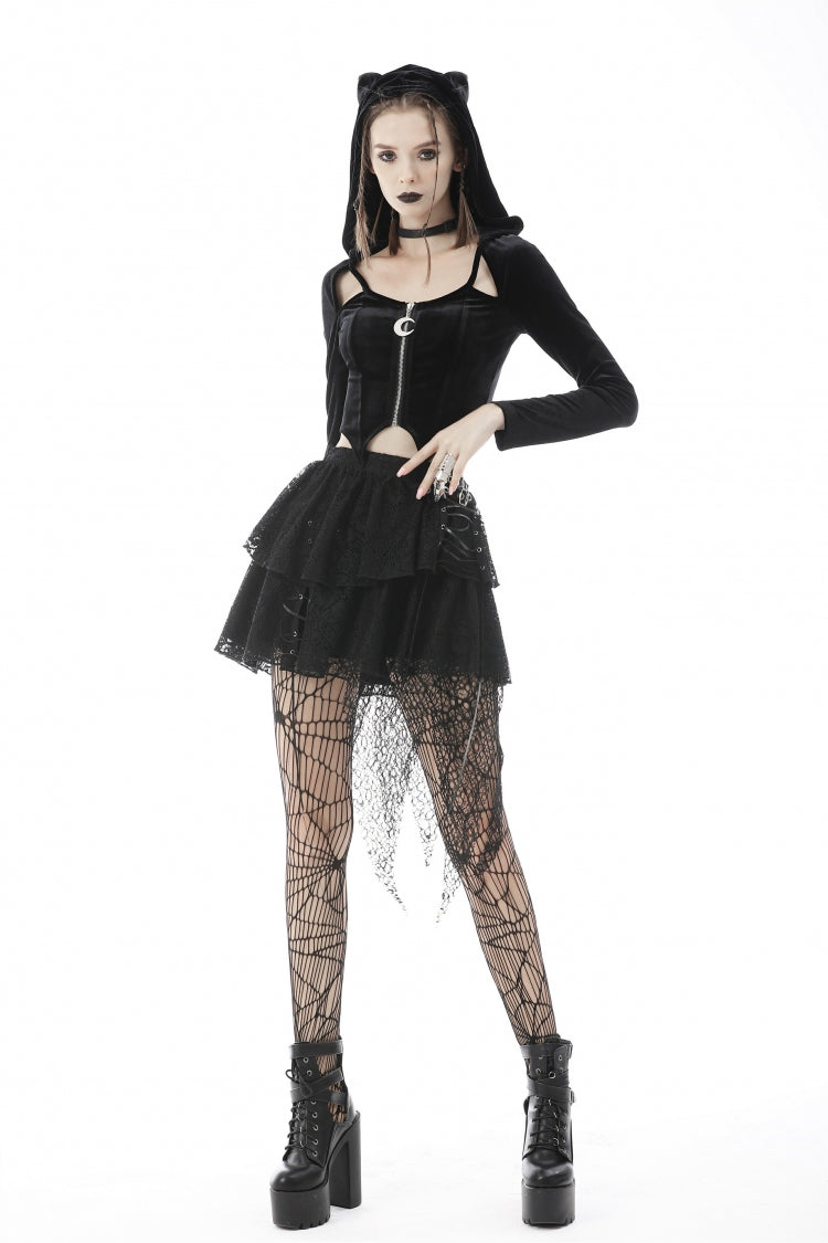 Black Long Sleeves Irregular Moon-shaped Zipper Women's Punk Crop Top with Cat's Ears Hood - Product - 6