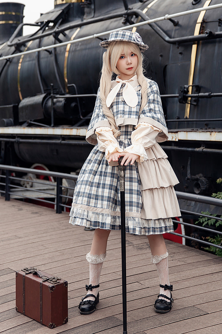 Grey/Blue [Morning Tune] Sleeveless High Waisted Print Ruffle Asymmetric Sweet Lolita Strap Dress - Product - 7