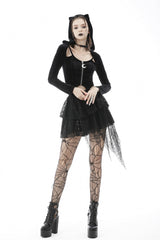 Black Long Sleeves Irregular Moon-shaped Zipper Women's Punk Crop Top with Cat's Ears Hood - Product - 9