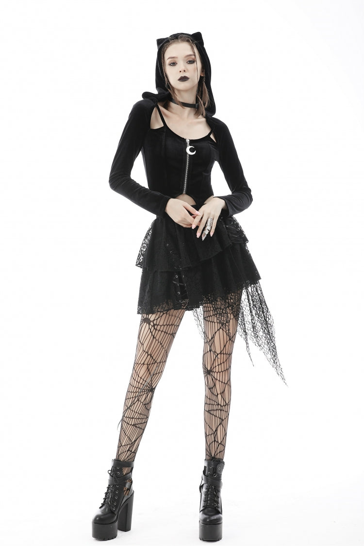 Black Long Sleeves Irregular Moon-shaped Zipper Women's Punk Crop Top with Cat's Ears Hood - Product - 9