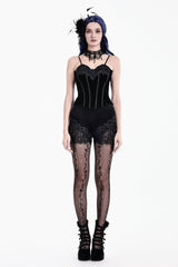 Black Women's Gothic Floral Embossed Velvet Shorts with Sheer Lace Trim - Product - 10