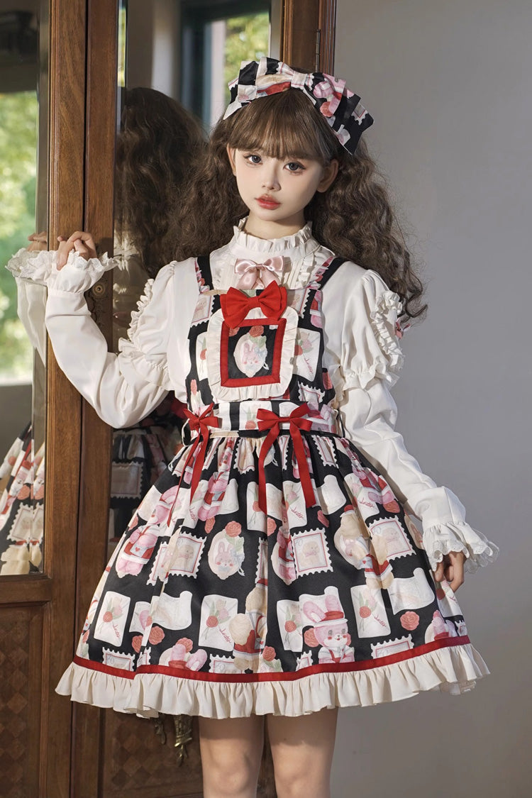 Black [Letter from Showa] Rabbit and letter Print Ruffle Bowknot Sweet Princess Lolita Strap Dress - Product - 3