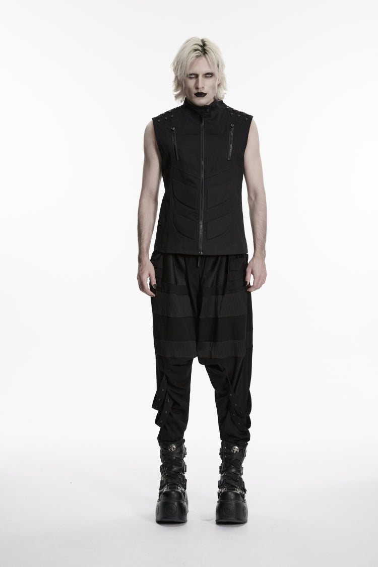 Black Stand Collar Sleeveless Studded Zippered Men's Punk Handsome Vest - Product - 2