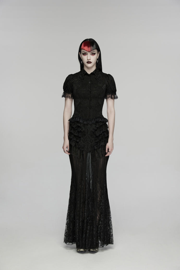 Black Embroidered Spliced Ruffled Lace Slim Mesh Women's Gothic  Mermaid Skirt - Black - 4