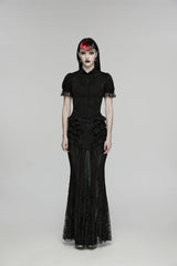 Black Embroidered Spliced Ruffled Lace Slim Mesh Women's Gothic  Mermaid Skirt - Black - 4