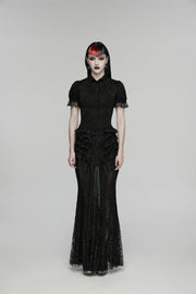 Black Embroidered Spliced Ruffled Lace Slim Mesh Women's Gothic  Mermaid Skirt - Black - 4