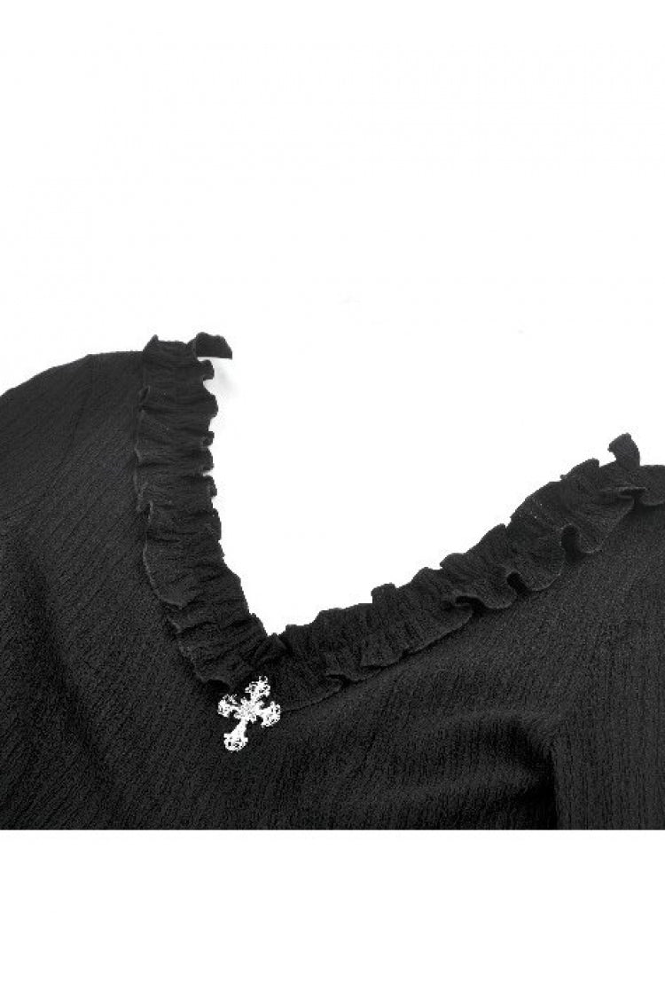 Black Cross Ruffled V Collar Irregular Split Long Trumpet Sleeves Women's Gothic Crop Top with Streamer - Product - 12