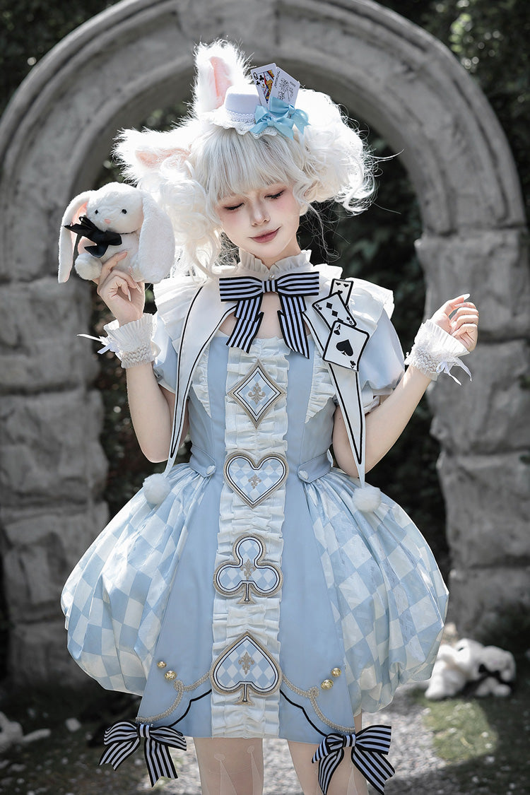 Blue [Dedicated to Alice] Square Collar Short Sleeves Jacquard Printed Ruffled Bow Sweet Lolita Dress Set - Blue(Set) - 1