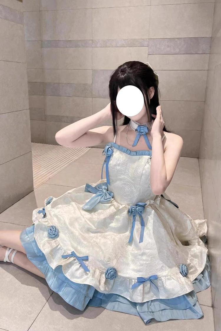 Apricot/Blue Print Ruffle Bowknot Sweet Princess Lolita Jsk Dress - Product - 7