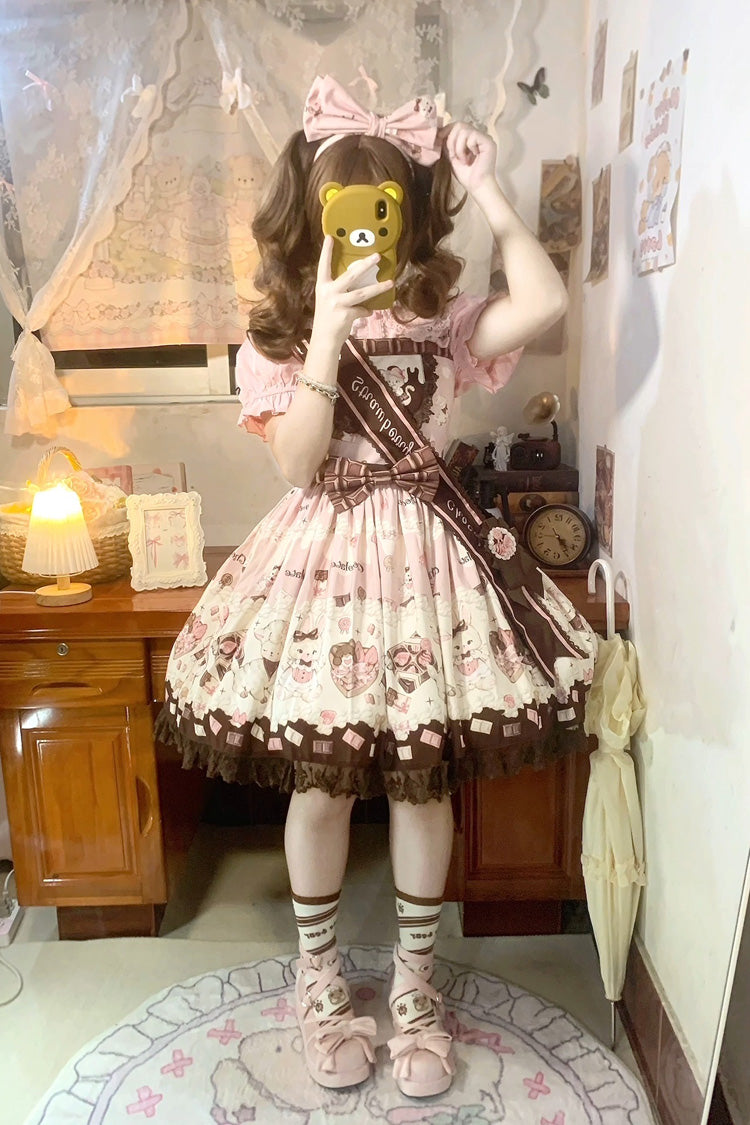 Chocolate Rosette Cat Print Bowknot Stitching Lace Sweet Lolita Jsk Dress 4 Colors - Product - 17
