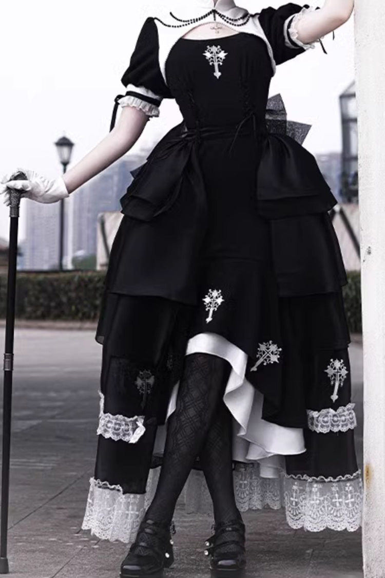 Black Nun Style Prayer for the Dead Stitching Lace Sheer Gothic Lolita Dress Two-piece Set - Product - 2