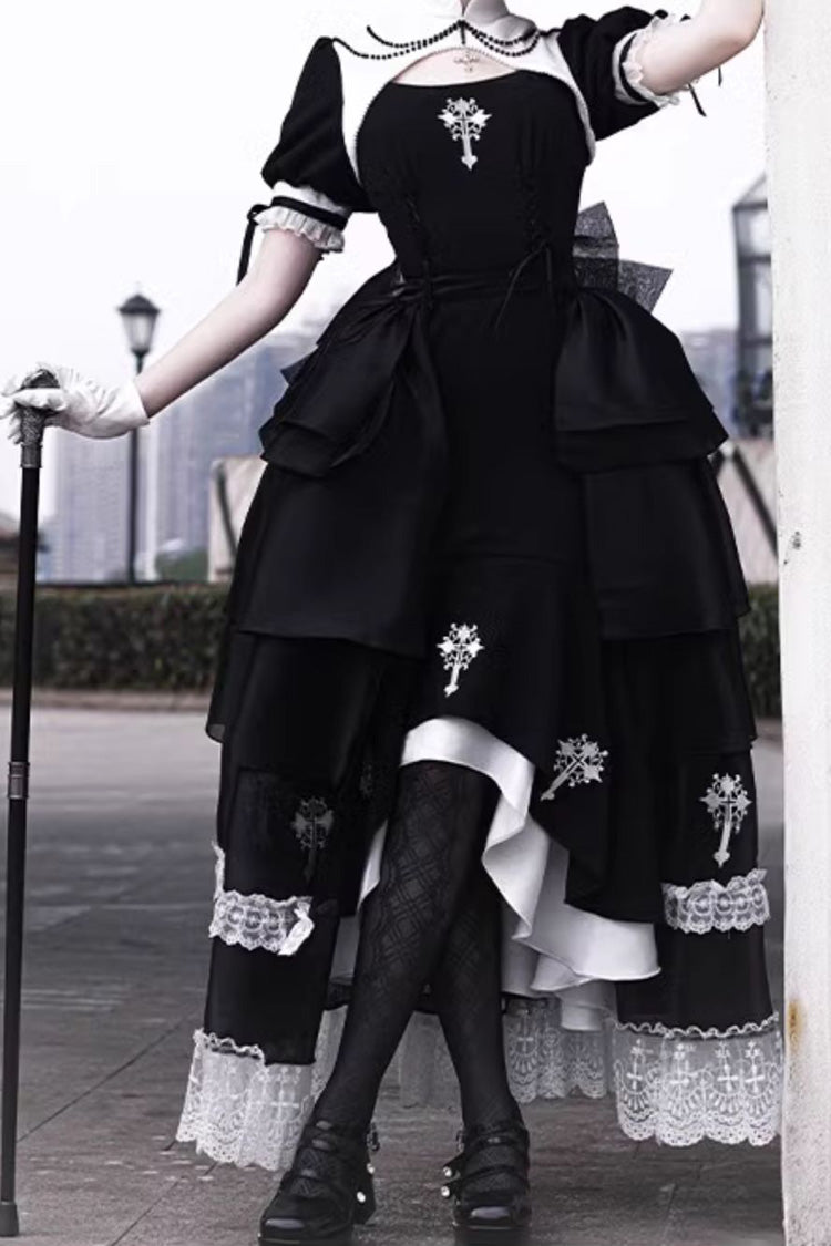 Black Nun Style Prayer for the Dead Stitching Lace Sheer Gothic Lolita Dress Two-piece Set - Product - 2