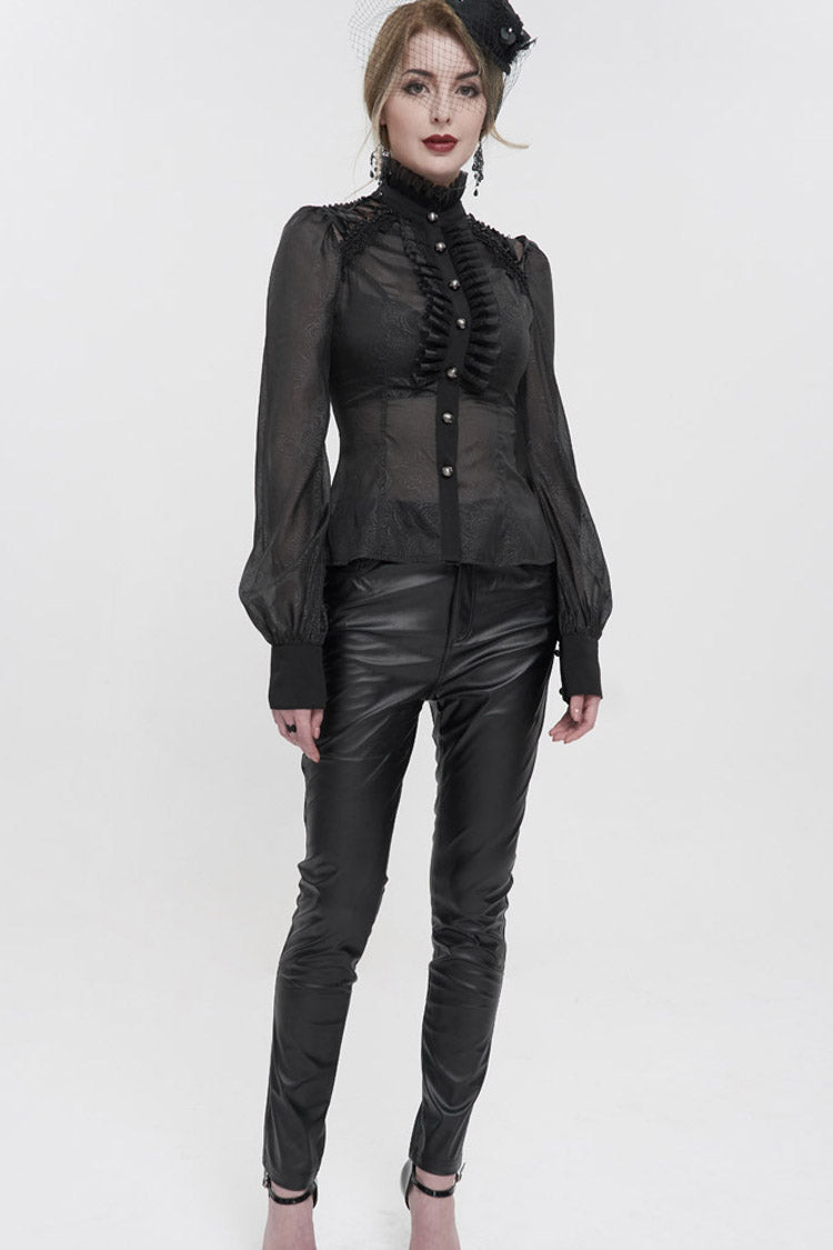 Black Long Sleeve Ruffles On Chest Shoulder Back Tie Detail See-Through Pattern Material Stand Collar Women's Gothic Shirt - Product - 9